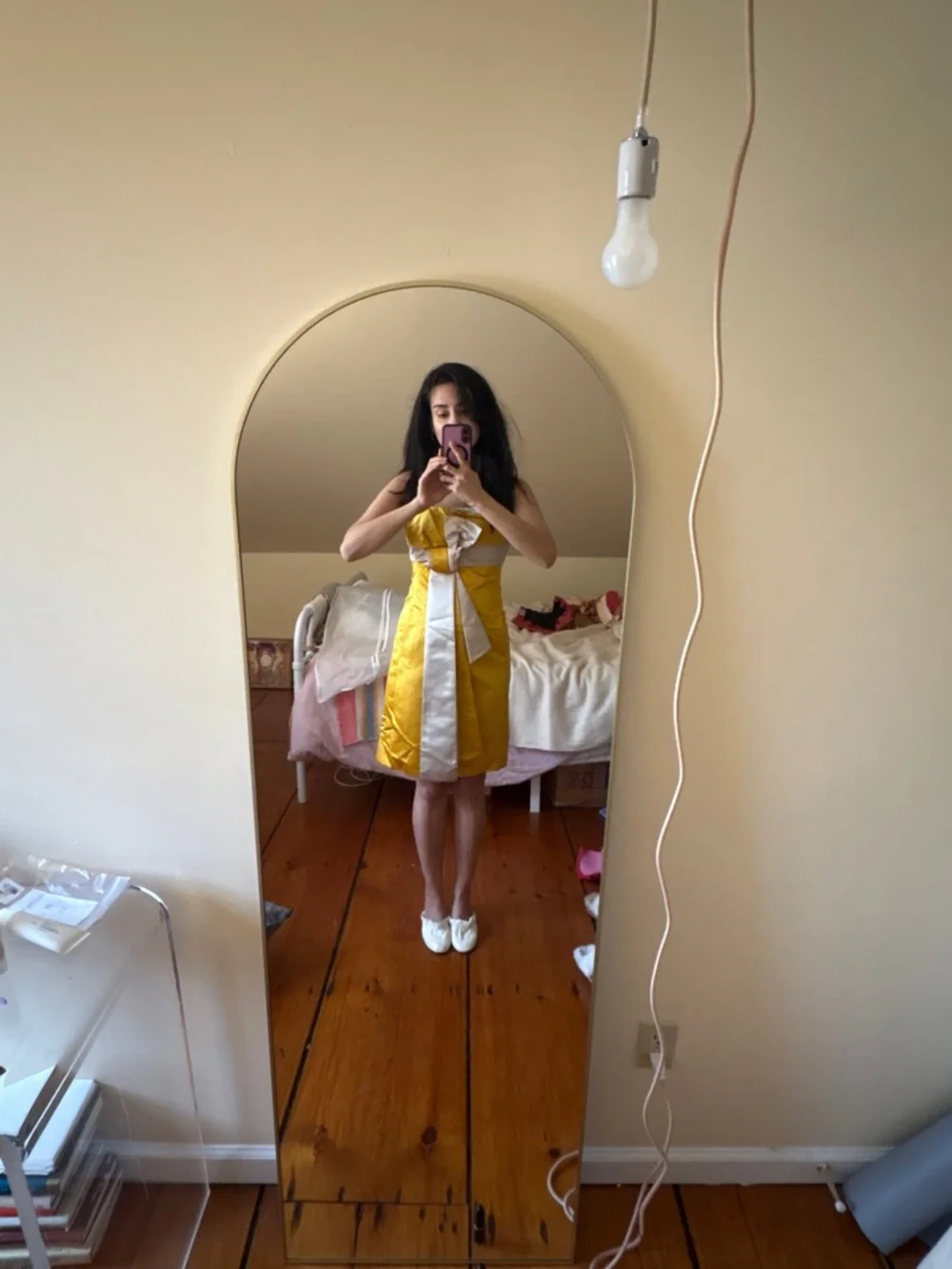 Celine Yellow Strapless Satin Dress with White Bow Panel - Picture 2 of 9